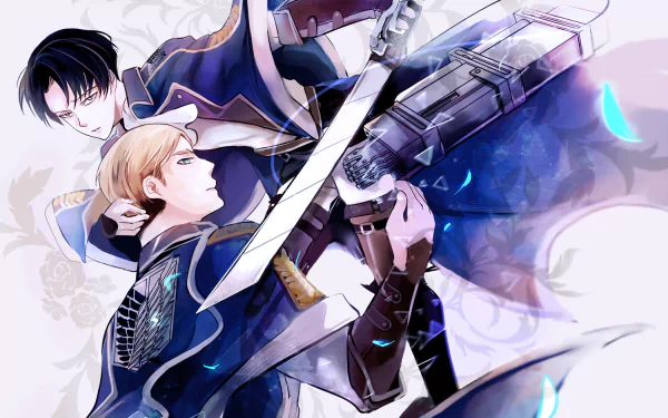 HD wallpaper featuring Levi Ackerman and Erwin Smith from Attack on Titan anime in dynamic battle poses.