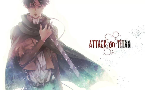 HD desktop wallpaper featuring Levi Ackerman from the anime Attack on Titan, with a stylish and dreamy background and the series title on the right side.