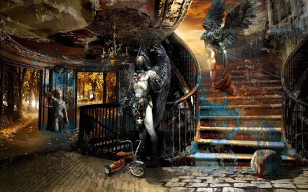 A surrealistic HD desktop wallpaper featuring a dramatic scene with a winged figure, elaborate architecture, and vibrant colors, showcasing creative photographic manipulation.