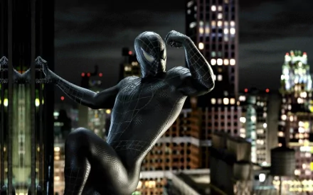 HD wallpaper featuring Spider-Man in his black suit from the movie Spider-Man 3, posing on a skyscraper at night with a cityscape backdrop.