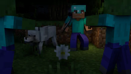 HD wallpaper of a Minecraft scene at night featuring a character in diamond armor alongside a wolf surrounded by zombies.