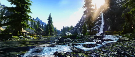 A HD desktop wallpaper of The Elder Scrolls V: Skyrim featuring a scenic view with a river, waterfall, pine trees, and mountains under a bright sky.