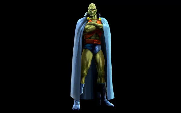 HD PC desktop wallpaper/background of J'onn J'onzz (Martian Manhunter) standing with arms crossed in a blue cape and red-and-blue costume against a black background.