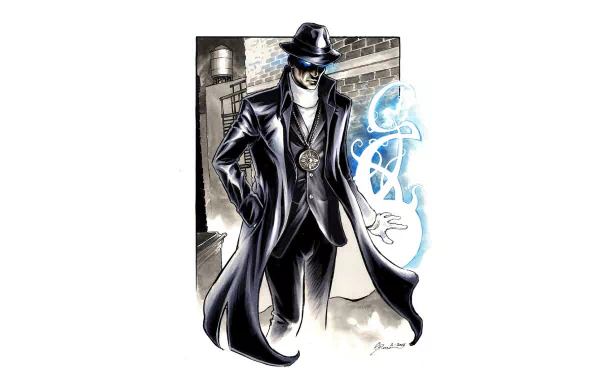 HD comic-style desktop wallpaper featuring Phantom Stranger in a dark trench coat and fedora, conjuring a glowing mystical symbol against a nighttime urban backdrop.