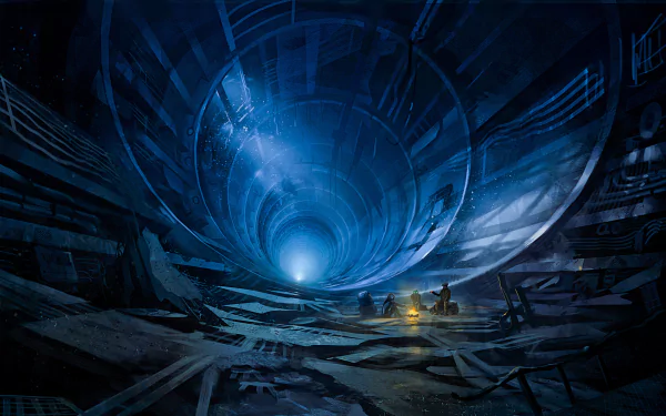 HD desktop wallpaper depicting a post-apocalyptic scene from the comic Romantically Apocalyptic, featuring three figures exploring a vast, dark, tunnel-like structure.