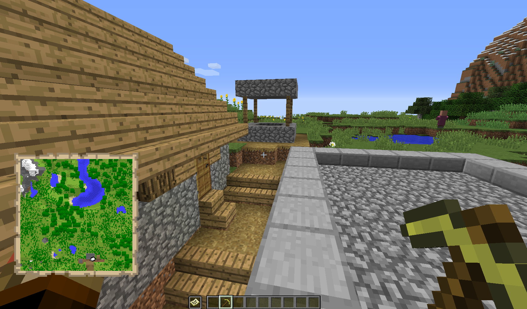 A vibrant Minecraft scene featuring a wooden house, a well, and a detailed map in the corner, showcasing an immersive HD background for PC gamers.