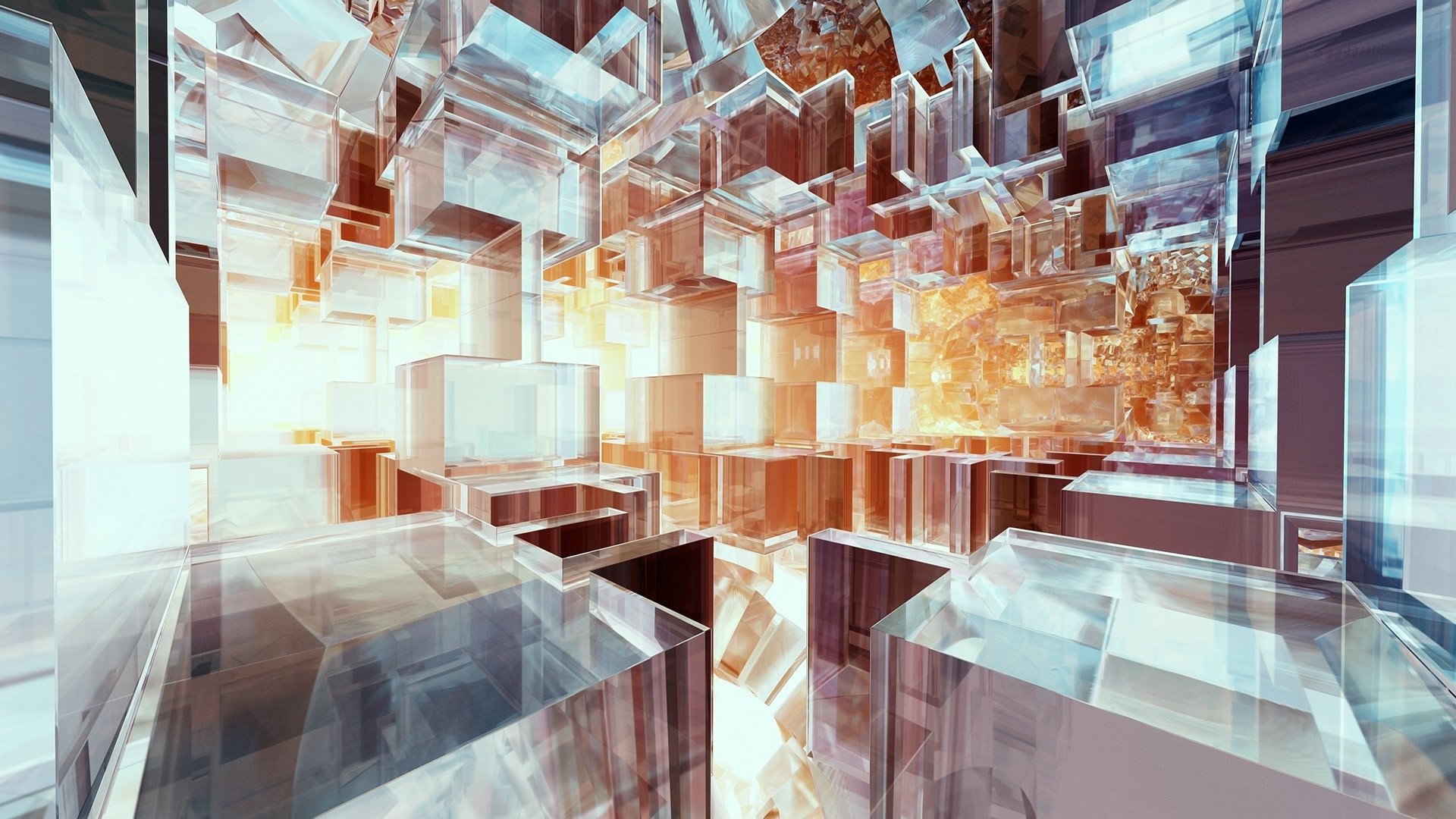 HD desktop wallpaper featuring an abstract, artistic display of numerous floating translucent cubes in a surreal, illuminated environment.