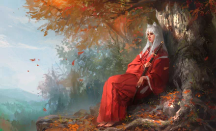 InuYasha anime HD wallpaper featuring a serene scene with InuYasha, dressed in red, leaning against a large tree amidst an autumn landscape.