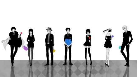 Stylized characters from the anime Durarara!! stand in a line, dressed in black suits, each holding colorful flowers, set against a minimalistic white background. HD wallpaper design.