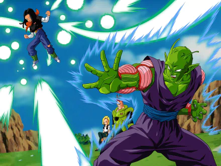 A vibrant HD wallpaper showcasing Piccolo, Android 16, Android 17, and Android 18 from Dragon Ball Z in an intense battle scene with energy blasts against a clear blue sky.