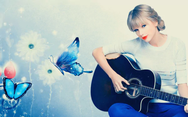 A vibrant HD desktop wallpaper featuring Taylor Swift, holding a guitar surrounded by colorful butterflies and flowers, embodying themes of music and creativity.