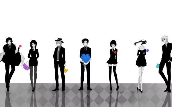 Stylized characters from the anime Durarara!! stand in a line, dressed in black suits, each holding colorful flowers, set against a minimalistic white background. HD wallpaper design.
