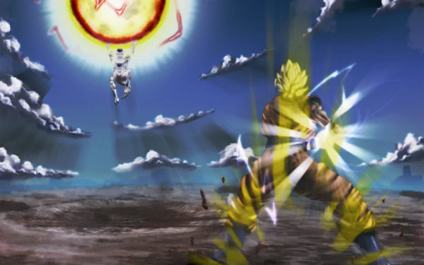 HD wallpaper featuring an intense battle between Goku and Frieza from Dragon Ball Z, with Goku charging up energy and Frieza preparing an attack in a dramatic sky setting.