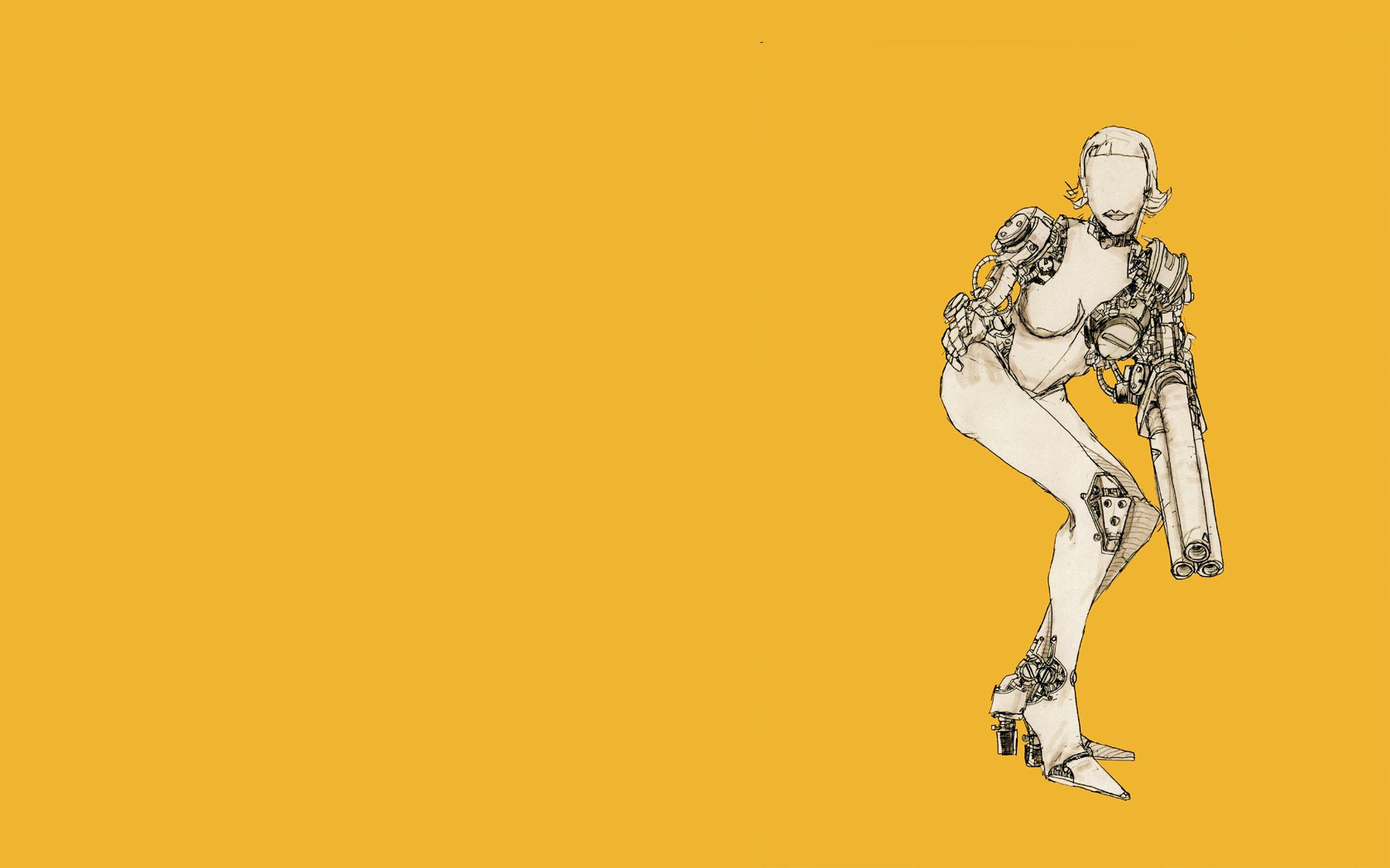 HD PC desktop wallpaper featuring a sci-fi cyborg character in a dynamic pose against a solid mustard yellow background.