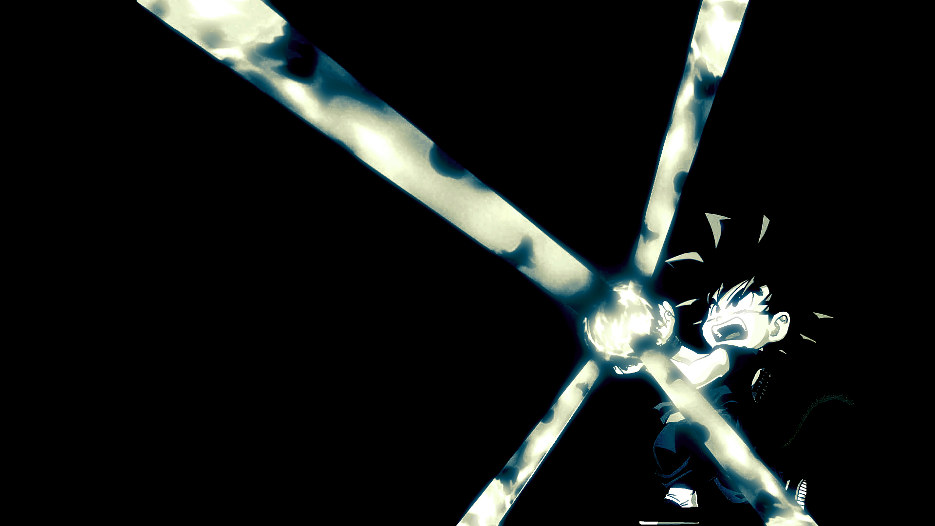 HD desktop wallpaper of Goku from Dragon Ball Z in a powerful stance, emitting bright energy beams. The background is dark, highlighting the intensity of the scene from the popular anime Dragon Ball.