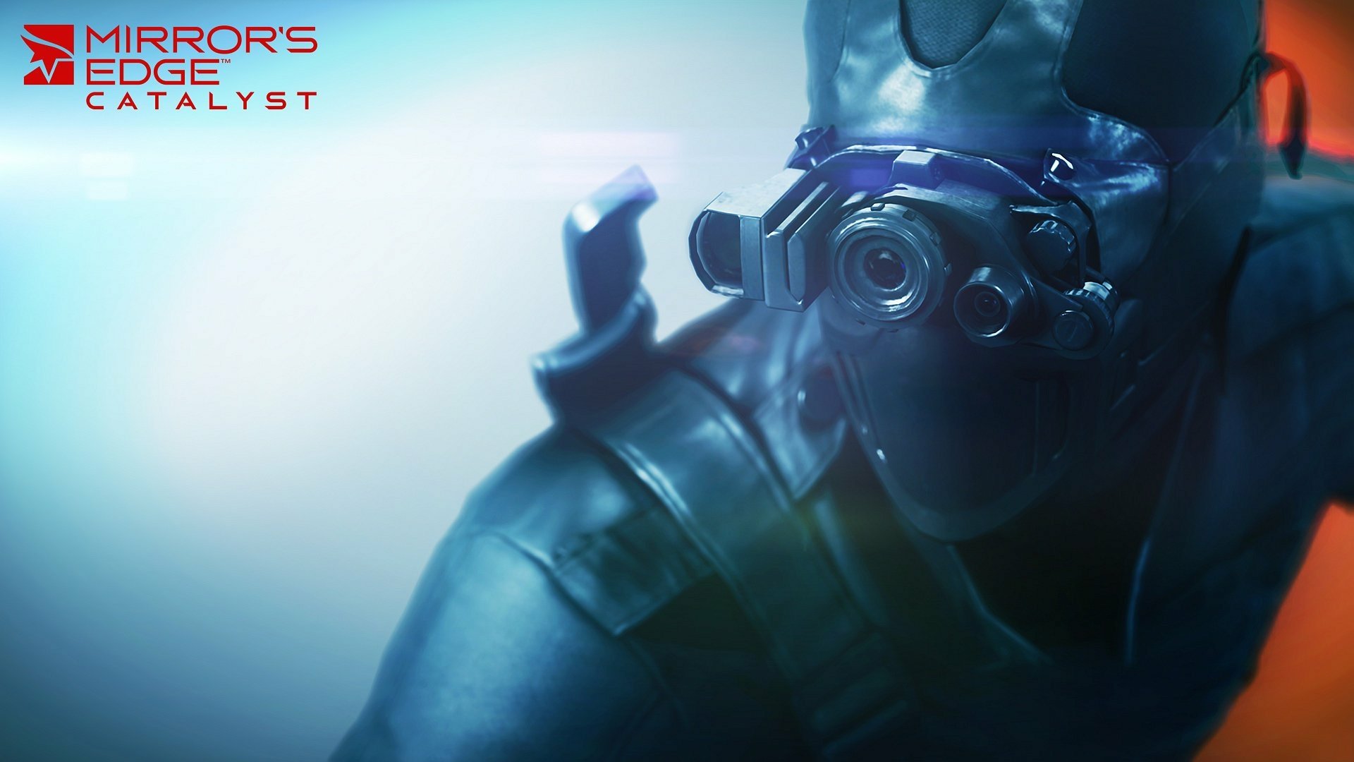 HD PC desktop wallpaper featuring a character in futuristic gear from the video game Mirror's Edge Catalyst, with the game logo in the top left corner.