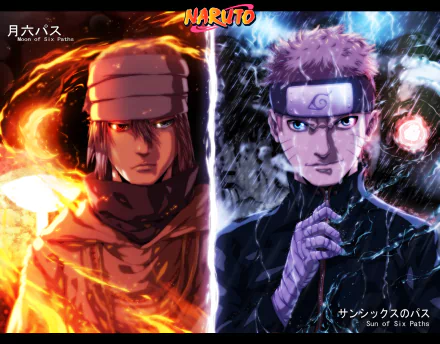 HD desktop wallpaper featuring Sasuke Uchiha with the Rinnegan and Sharingan on the left, and Naruto Uzumaki on the right. The intense background splits them with contrasting fiery and icy elements.