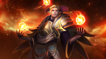 HD PC desktop wallpaper of Dota 2's Invoker summoning three fiery orbs against a glowing orange-red cosmic background.