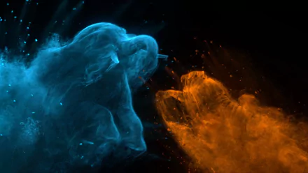 A vibrant HD wallpaper featuring a tiger and elephant clash, inspired by the expansive landscapes of India in the video game Far Cry 4. Dynamic blue and orange colors create an energetic scene.