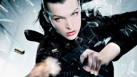 HD desktop wallpaper featuring Milla Jovovich as Alice in Resident Evil: Afterlife, captured in intense action with shards of glass and flying bullet casings.