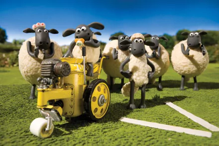 HD wallpaper featuring characters from Shaun the Sheep Movie posed with a yellow lawn mower on a grassy field.