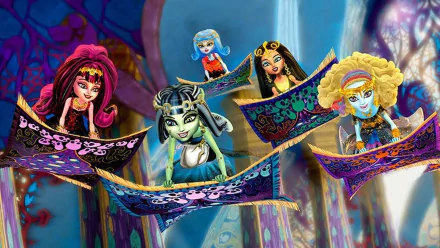 HD desktop wallpaper featuring characters from the movie Monster High: 13 Wishes flying on colorful magic carpets in a vibrant, mystical setting.
