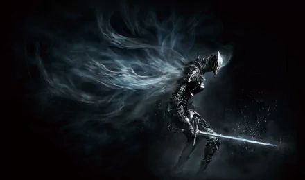 HD wallpaper featuring the Boreal Outrider Knight from the video game Dark Souls III, depicted in dark, ethereal surroundings with a glowing sword and misty aura.