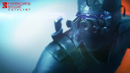 HD PC desktop wallpaper featuring a character in futuristic gear from the video game Mirror's Edge Catalyst, with the game logo in the top left corner.