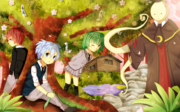 An HD desktop wallpaper featuring Koro-sensei, Kaede Kayano, Nagisa Shiota, and Karma Akabane from the anime Assassination Classroom, set in a picturesque scenery with a tree, a house, and vibrant surroundings.