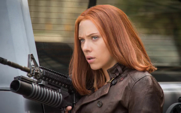 Scarlett Johansson as Black Widow in a gripping scene from *Captain America: The Winter Soldier*, showcasing her determination and strength against a dynamic backdrop.