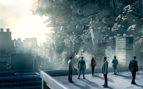 A group of individuals stands on a rooftop, gazing at a surreal, collapsing cityscape in this striking HD PC desktop wallpaper inspired by the movie Inception.