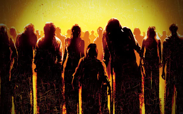 Dark, silhouetted horde of zombies backlit by yellow light — Dawn of the Dead (2004) movie HD PC desktop wallpaper/background.