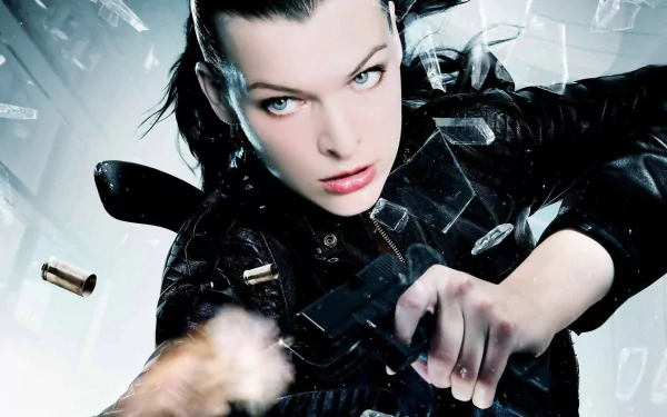 HD desktop wallpaper featuring Milla Jovovich as Alice in Resident Evil: Afterlife, captured in intense action with shards of glass and flying bullet casings.