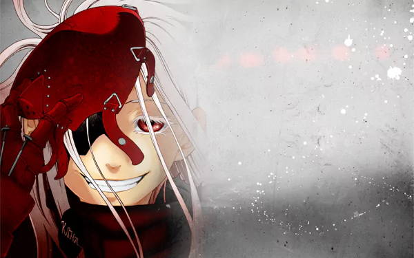 HD desktop wallpaper featuring Shiro from Deadman Wonderland anime, with Shiro's face partially obscured by a red mask against a grungy gray background.