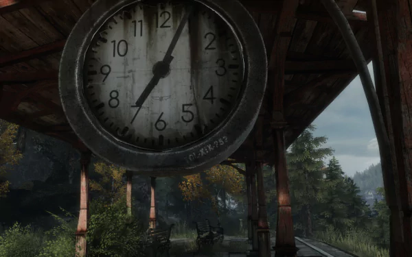HD PC desktop wallpaper featuring a large vintage clock under a wooden shelter, set in a forested area from the video game The Vanishing of Ethan Carter.