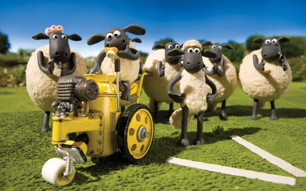 HD wallpaper featuring characters from Shaun the Sheep Movie posed with a yellow lawn mower on a grassy field.
