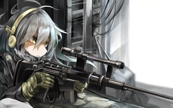 An HD desktop wallpaper featuring a character from the anime Kantai Collection, aiming with a sniper rifle, set against a sleek, futuristic backdrop.