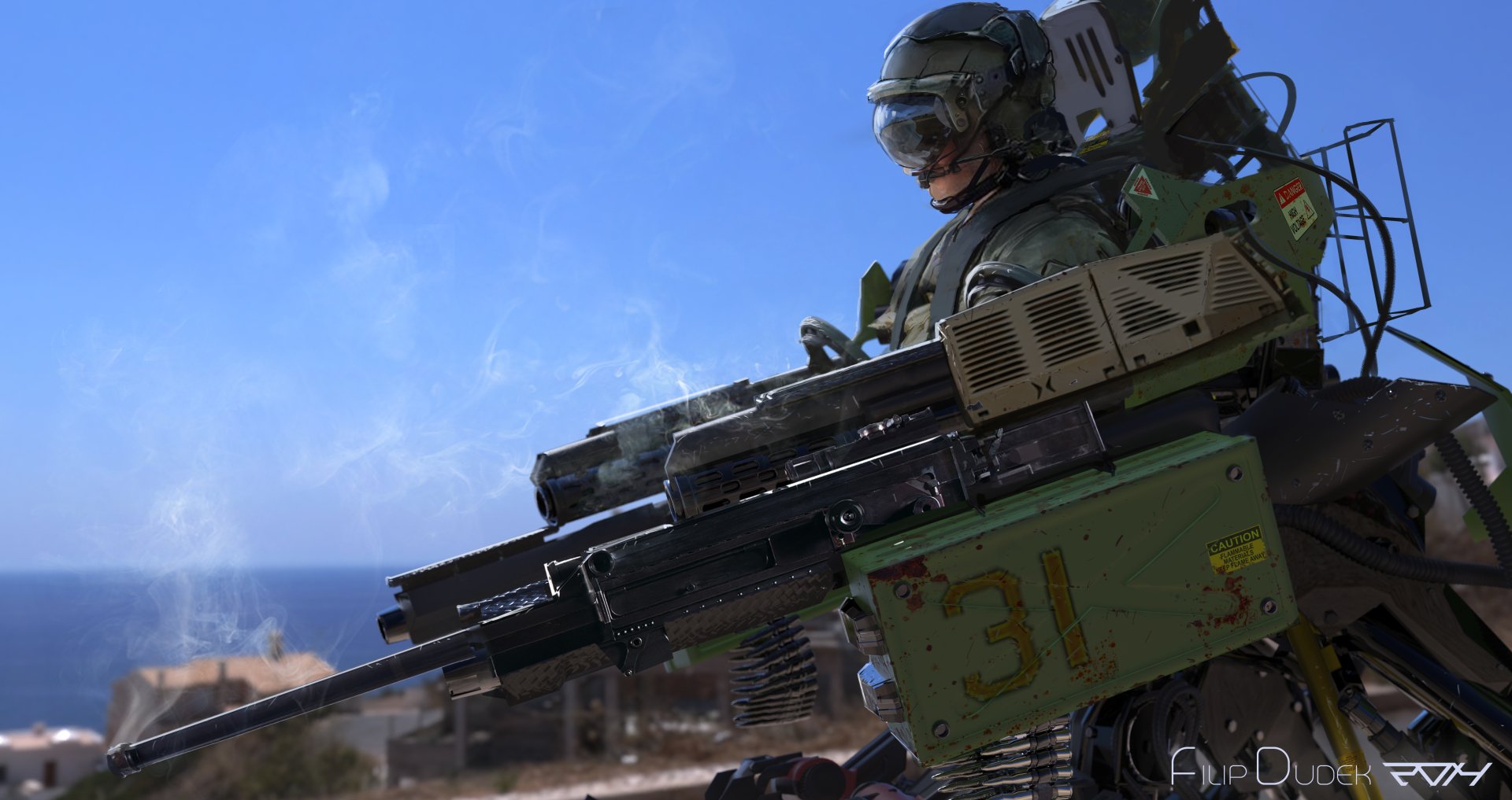 Sci-fi warrior in powered armor with a massive railgun overlooking a ruined city — 4K Ultra HD PC desktop wallpaper background.