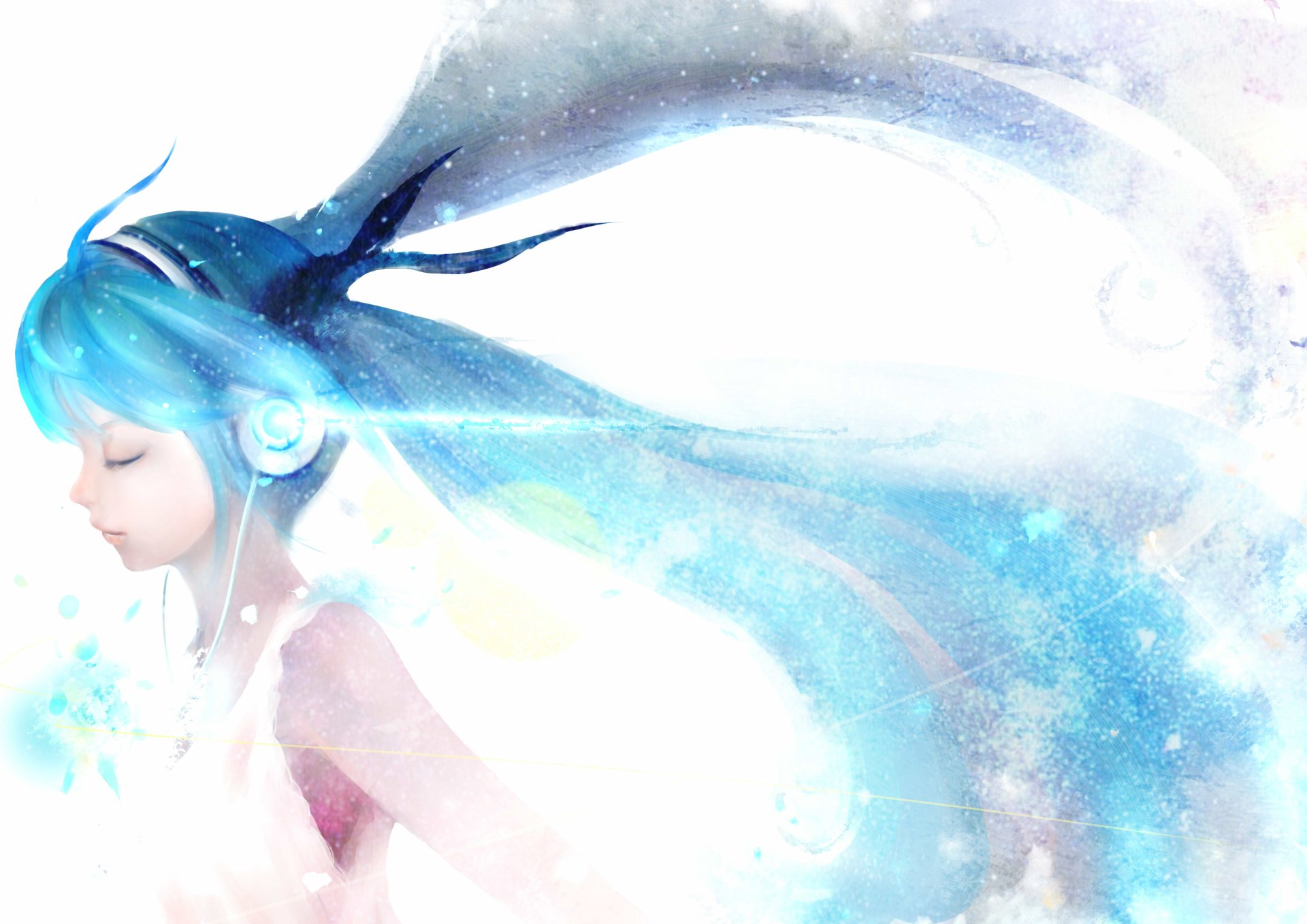 Hatsune Miku, Anime Vocaloid, with flowing turquoise hair and headphones in an ethereal watercolor style — 2K Quad HD PC desktop wallpaper/background.
