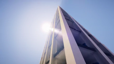 A stunning HD desktop wallpaper featuring a tall building reaching towards a bright sun under a clear blue sky, inspired by the aesthetics of Minecraft.