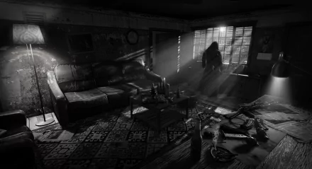 HD PC desktop wallpaper from the video game Hatred, depicting a dark, grim room with dramatic lighting and shadowy figure near a window.