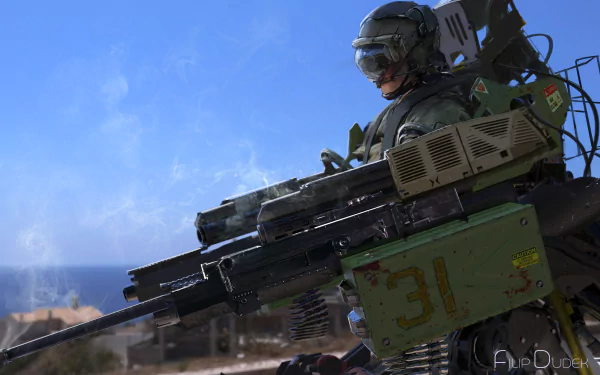 Sci-fi warrior in powered armor with a massive railgun overlooking a ruined city — 4K Ultra HD PC desktop wallpaper background.