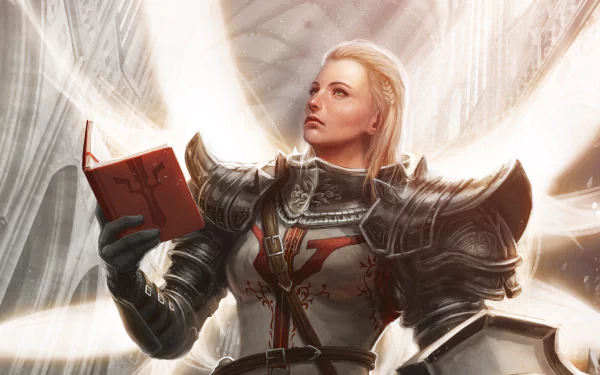 HD PC desktop wallpaper featuring the Crusader from Diablo III: Reaper of Souls, clad in detailed armor and holding a glowing book in a luminous, cathedral-like setting.