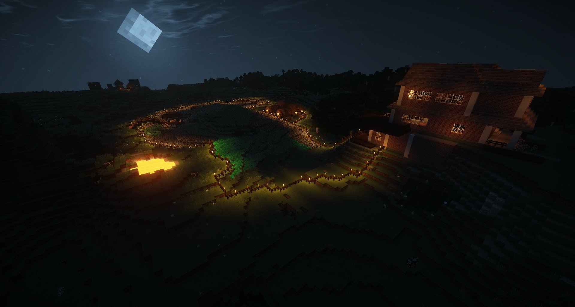 HD Minecraft PC desktop wallpaper showing a nighttime scene with glowing lava, a lit structure, and a blocky moon in the sky, capturing the game's signature pixelated style.
