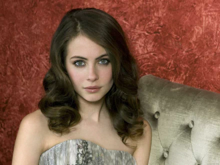 A striking HD desktop wallpaper featuring celebrity Willa Holland, showcasing her elegant pose against a textured red background.