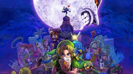 HD desktop wallpaper featuring characters and scenes from The Legend of Zelda: Majora's Mask, with a haunting moon and vibrant colors creating a captivating atmosphere.