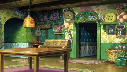 Anime HD PC desktop wallpaper: The Secret World of Arrietty — sunlit Borrower kitchen with wooden table, hanging lamp, green floral walls and an open doorway.