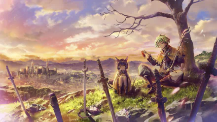 Anime-style Pixiv Fantasia HD desktop wallpaper showing a character and a cat resting by a tree overlooking a fantasy city at sunset with swords embedded in the ground.