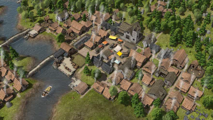 HD PC desktop wallpaper/background showing an overhead view of a riverside medieval village from the video game Banished, with timber houses, a church, docks and surrounding forest.