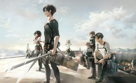 HD desktop wallpaper featuring characters Jean Kirstein, Historia Reiss, Sasha Blouse, Connie Springer, Armin Arlert, Levi Ackerman, Mikasa Ackerman, and Eren Yeager from the anime Attack on Titan.